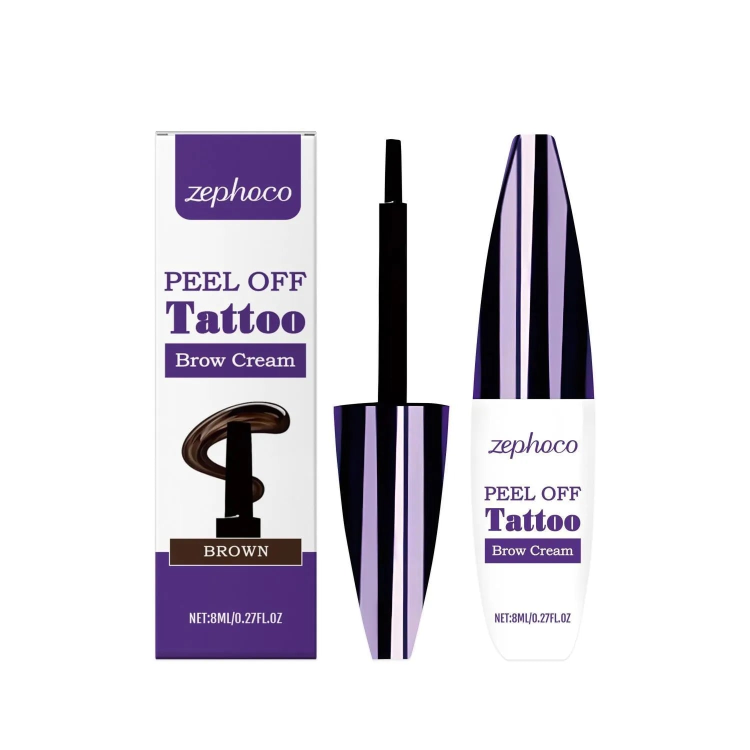 Liquid eyebrow pencil with tearable tip shown in black, brown, and light brown shades.