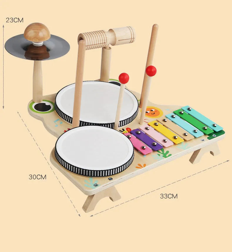 Wooden frog multifunctional drum kit early educational toy set, 33 x 30 x 23cm, in colour box