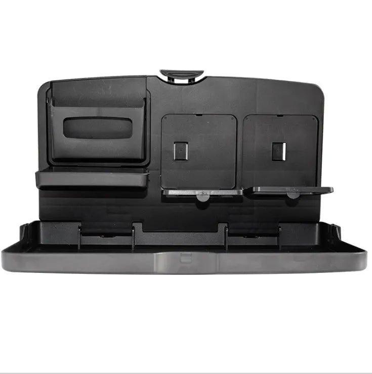 Car back seat folding table in black PP plastic with large tray for drinks and snacks, size 340x200x30mm