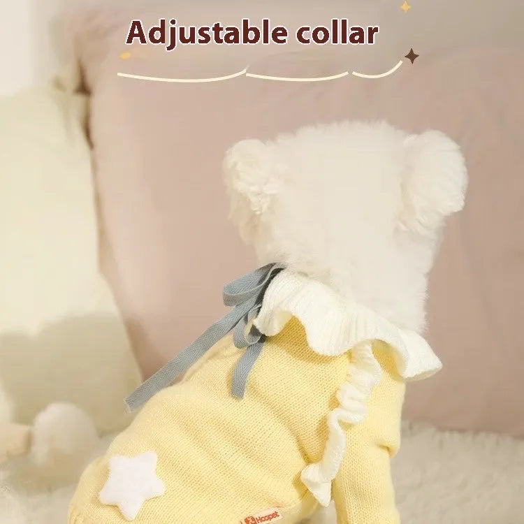 Yellow XingX pattern and Fairy Dress pattern acrylic dog sweaters for small breeds in autumn.