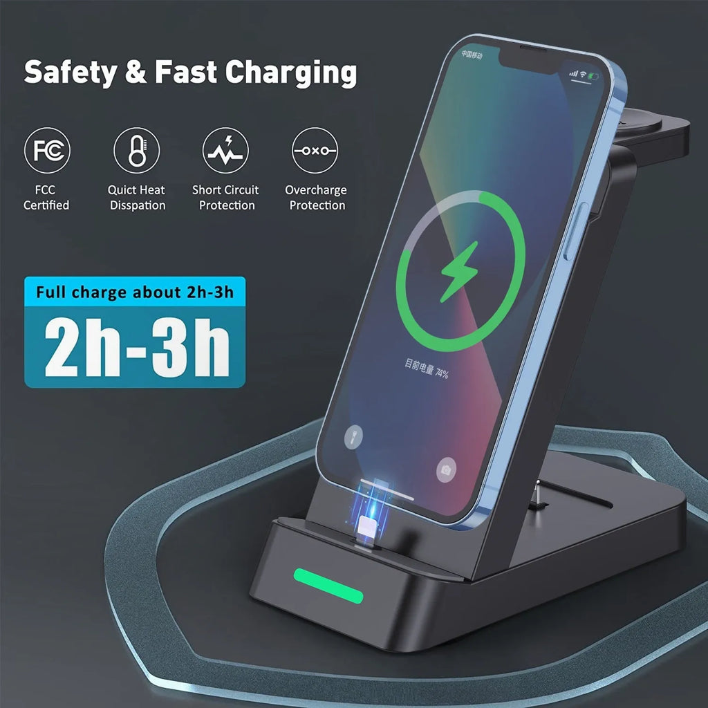 Black 3-in-1 wireless charging dock with phone in stand mode, AirPods case, and smartwatch charging simultaneously.