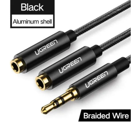Black 3.5mm earphone cable measuring 20cm long with gold-plated connectors