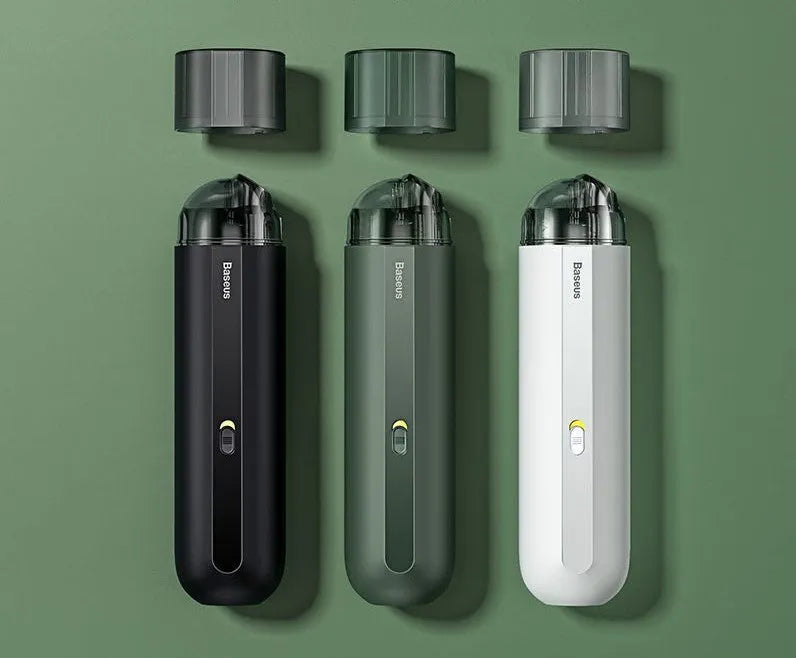 Compact handheld wireless car vacuum cleaner in black, white, or green, showing suction nozzle and blowing hose.