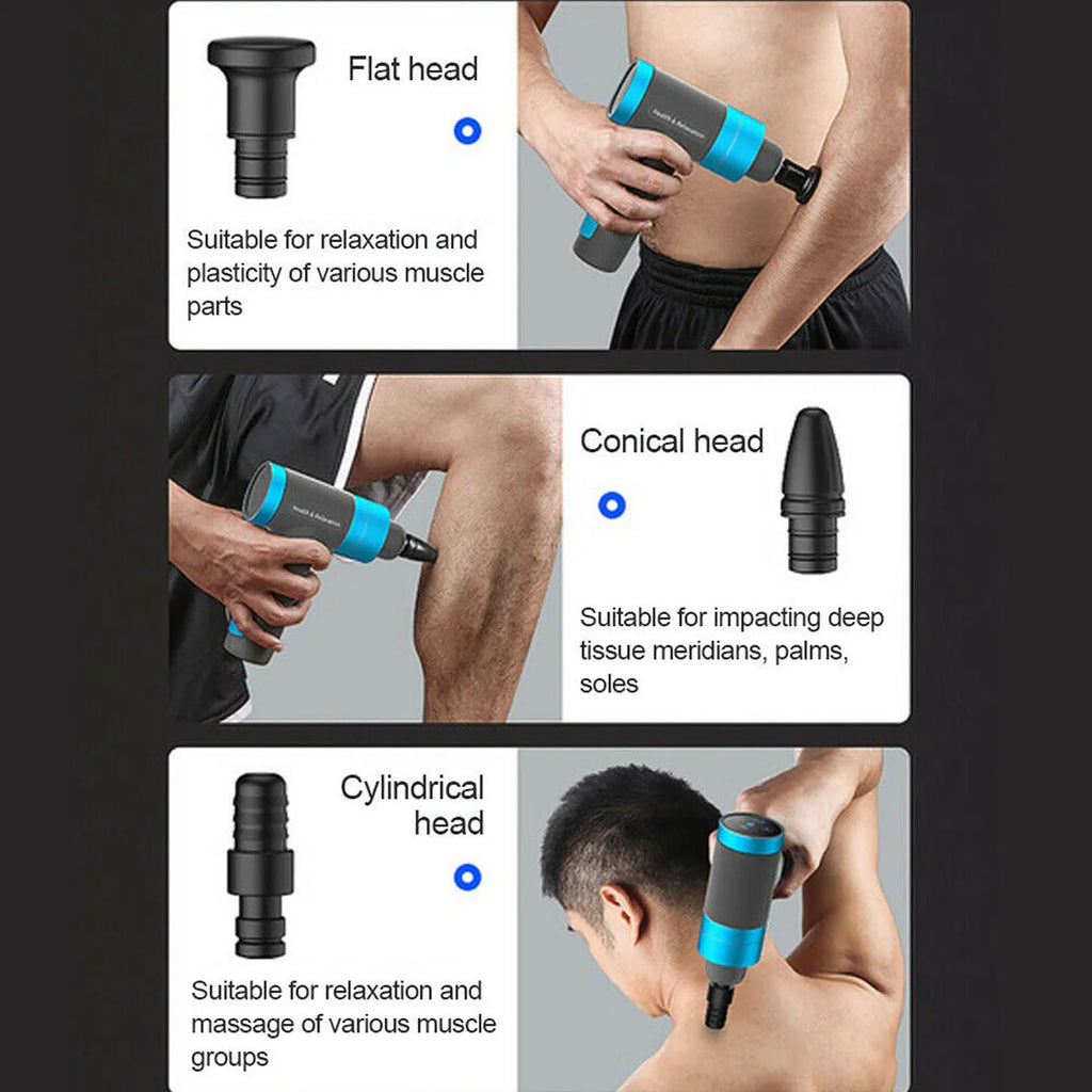 Electric percussion massage gun with ergonomic handle, touch screen, and 4 or 6 massage heads, available in grey, blue, or purple.