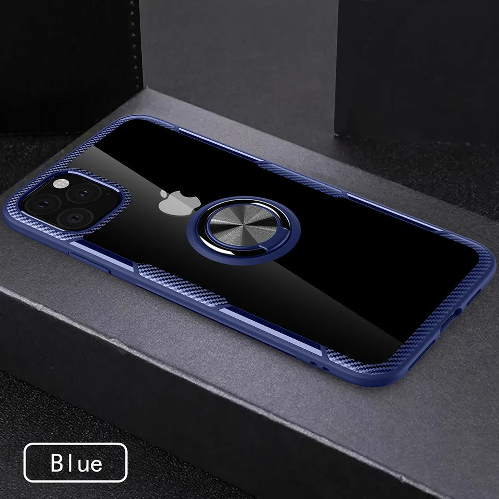 Black PU back cover case fitted on an iPhone 11 Pro Max, showing button and port access.