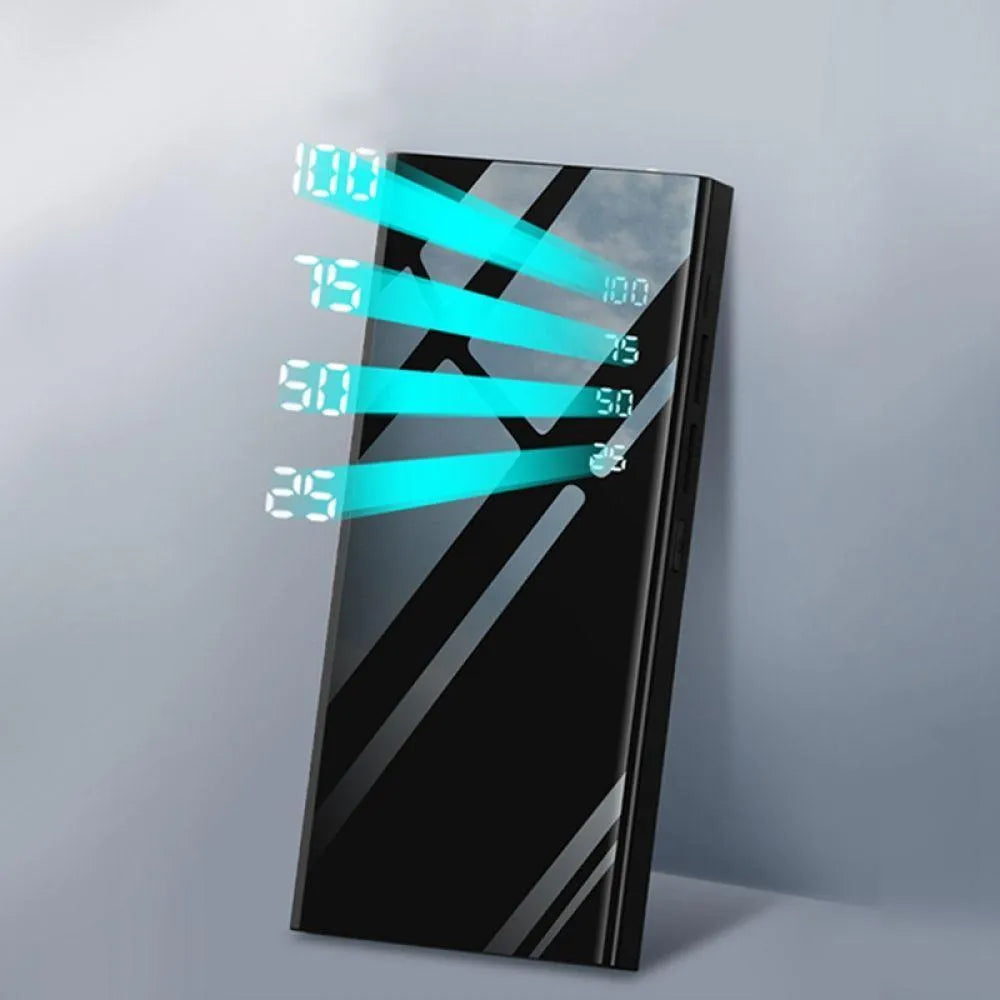 Black 20000mAh portable power bank with LCD display showing battery percentage and dual USB ports