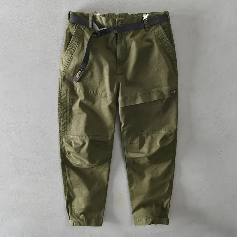 Men's cotton elastic casual overalls in Japanese loose style with mid waist design