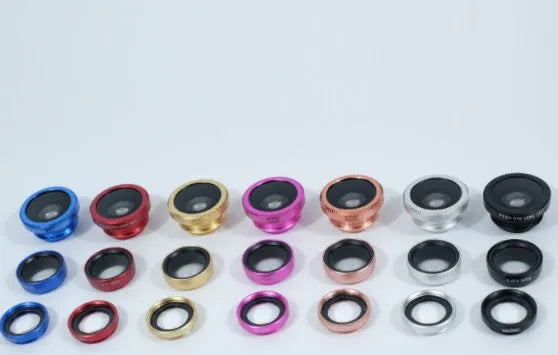 Mobile phone fisheye and macro lens kit with 180-degree wide-angle and 0.67X attachments
