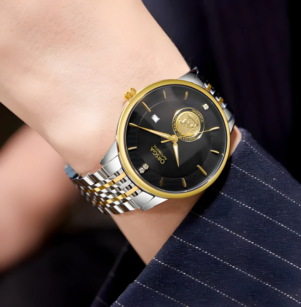 Gold steel belt waterproof transparent bottom mechanical watch with black dial and 13.5mm thickness