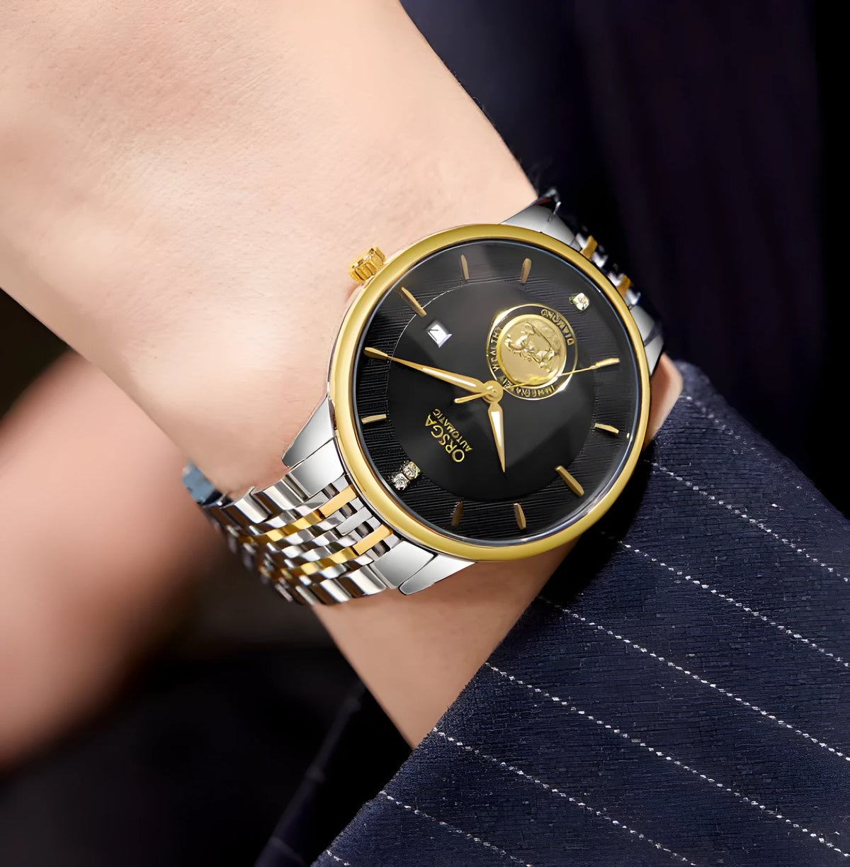 Gold steel belt waterproof transparent bottom mechanical watch with black dial and 13.5mm thickness