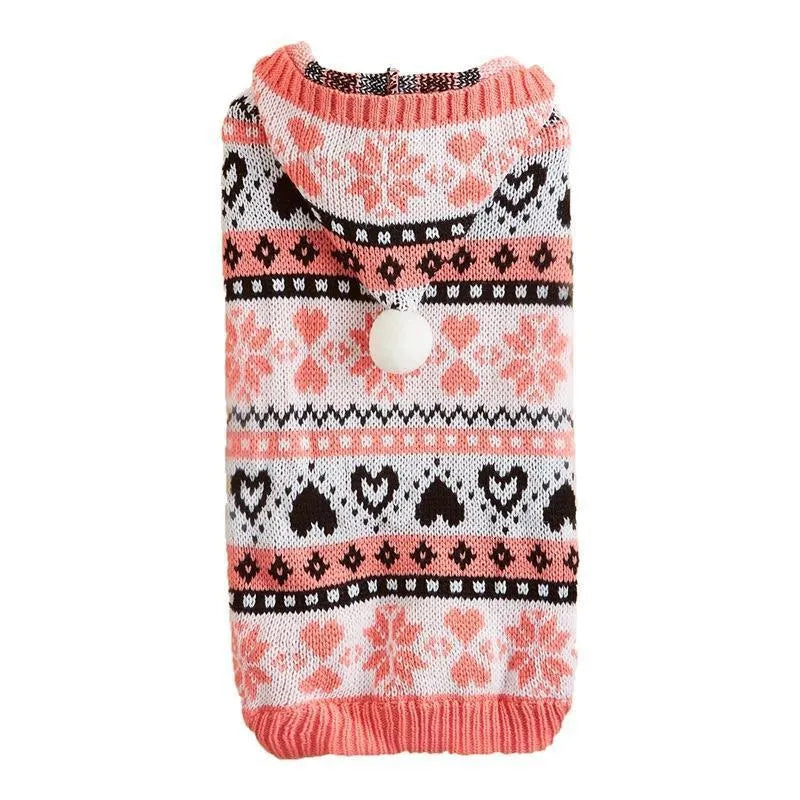 Knitted dog sweater with snowflake and love heart patterns for small breed bichon dogs