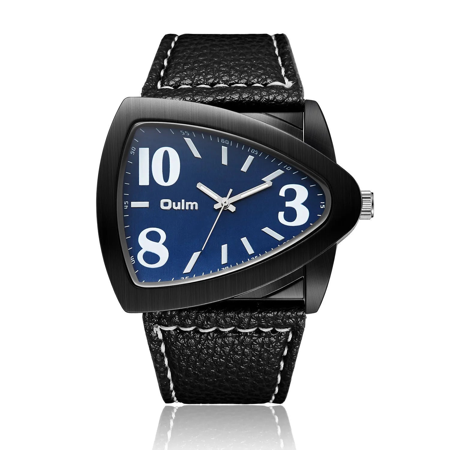 Men's casual triangle belt quartz watch showing analogue face with 9mm thickness