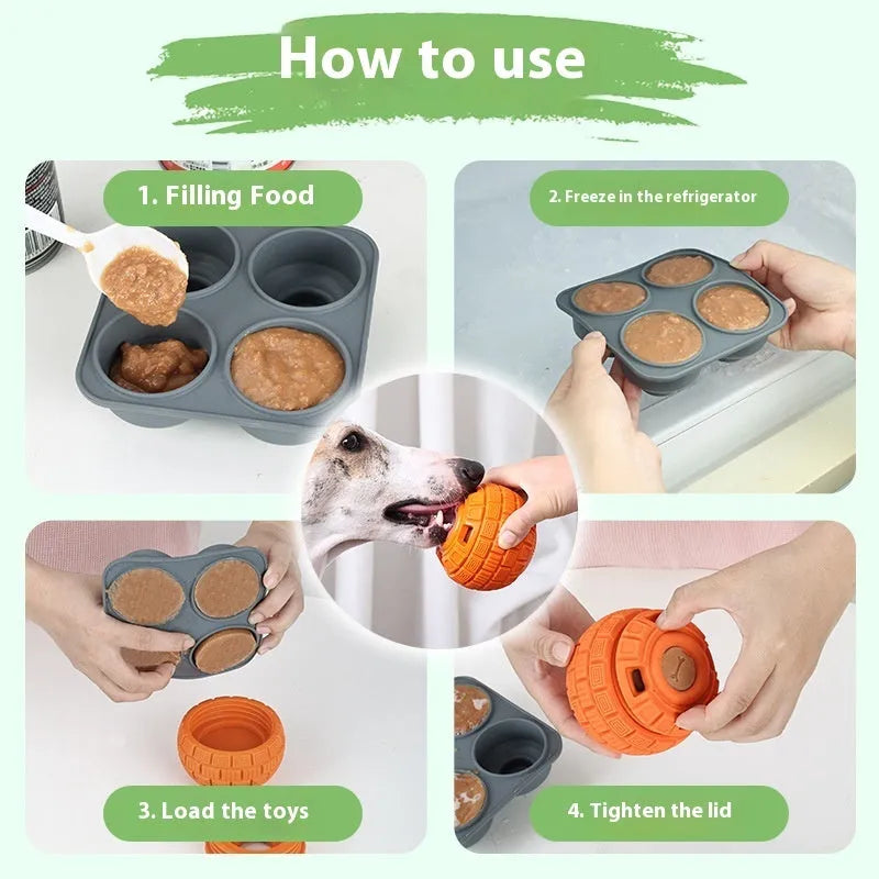 Natural rubber food dropping ball toy in green and orange, 14x10x10cm, for interactive dog treat dispensing