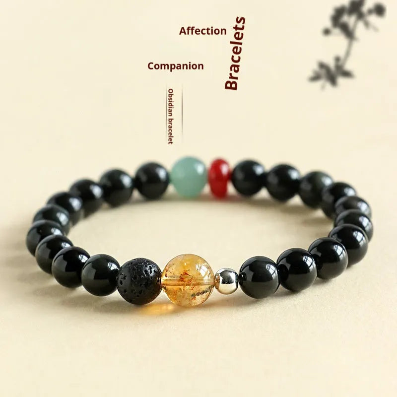 Chinese obsidian yellow tower crystal bracelet with agate jade beads, 8mm or 10mm size option, natural stone jewelry