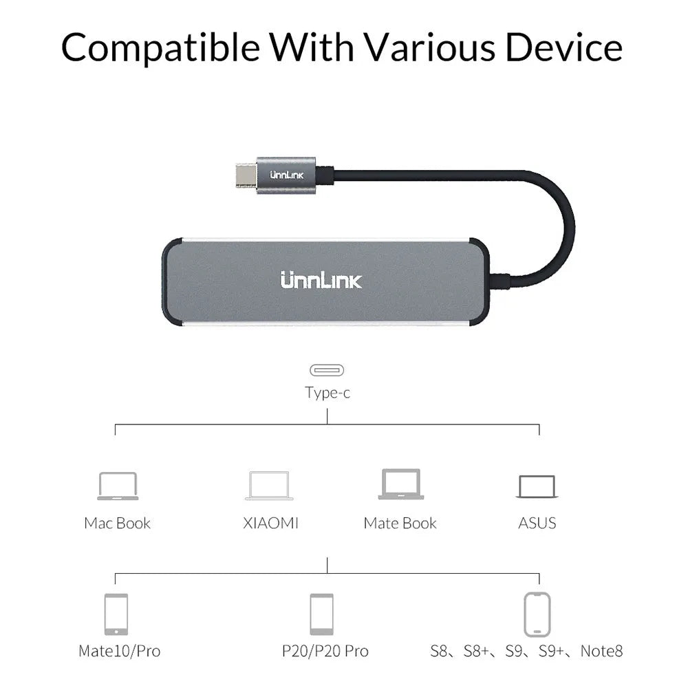 Aluminium alloy type-C docking station with HDMI, SD/TF, and USB 3.0 ports in silver colour