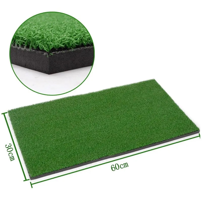 Green golf swing practice mat made of rubber and nylon, 15mm thick, on a driving range surface