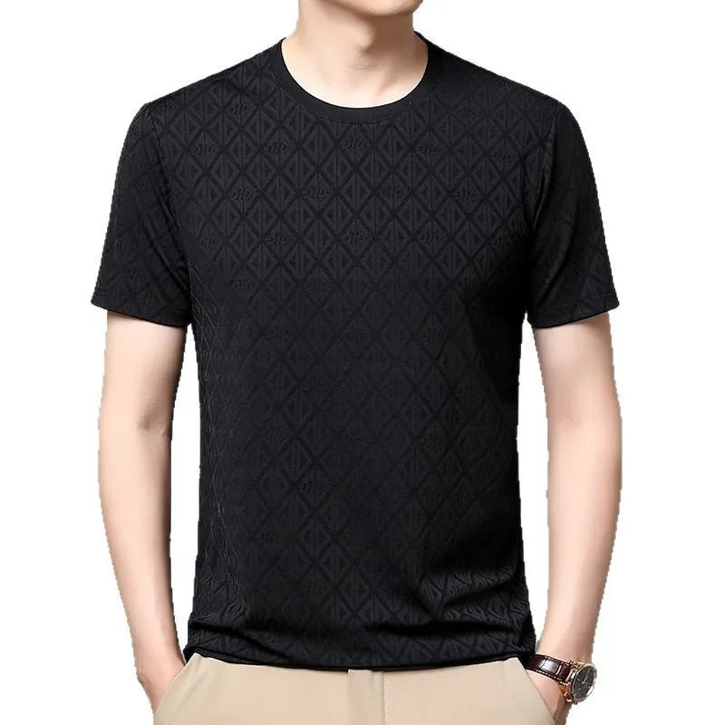 Men's loose fit round neck T-shirt in ice silk fabric with jacquard texture