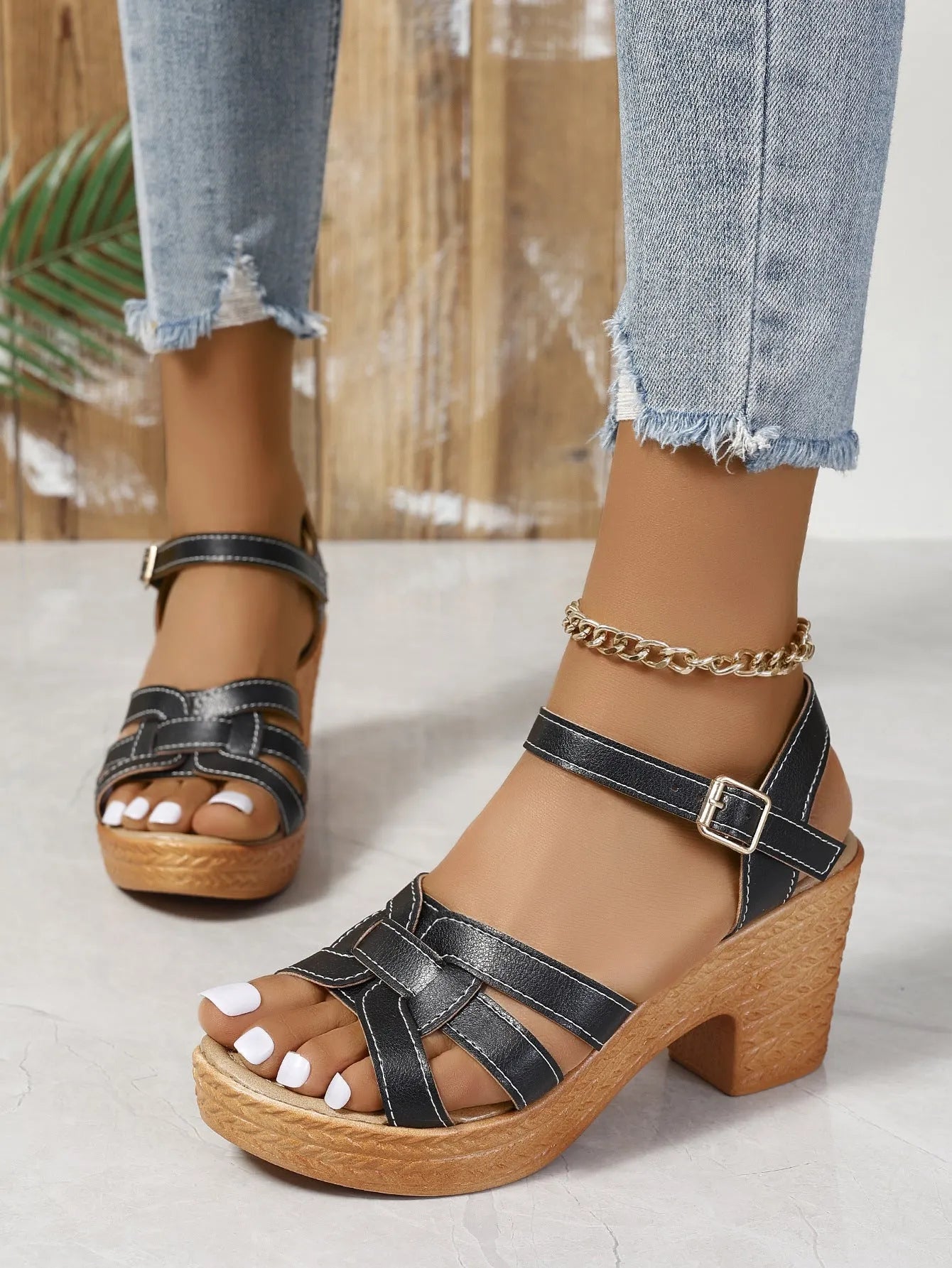 Plus size Roman women's black peep toe sandals with a chunky heel and silver buckle ankle strap.