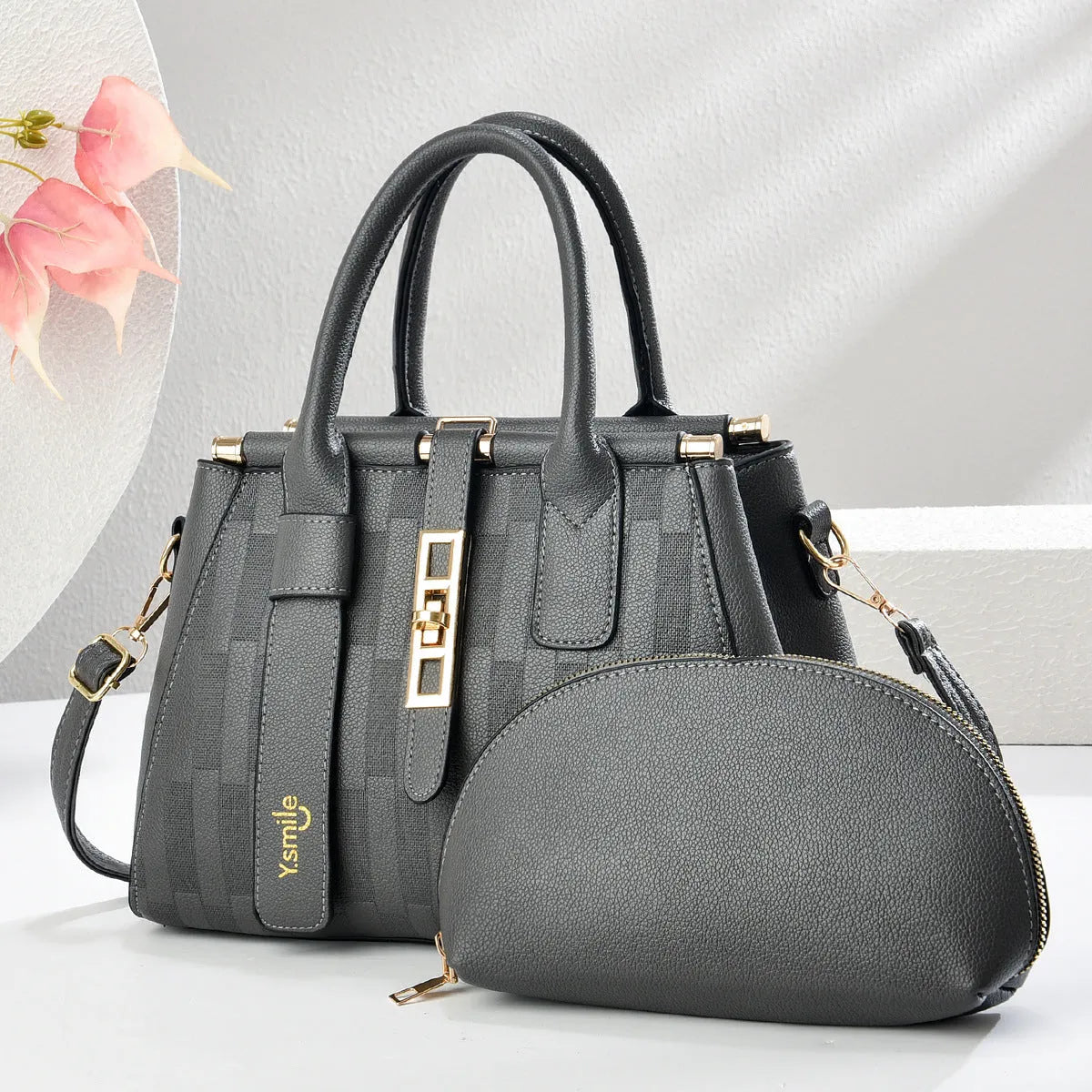 Round black PU crossbody shoulder bag with a long strap, showing its size and polyester-lined interior.