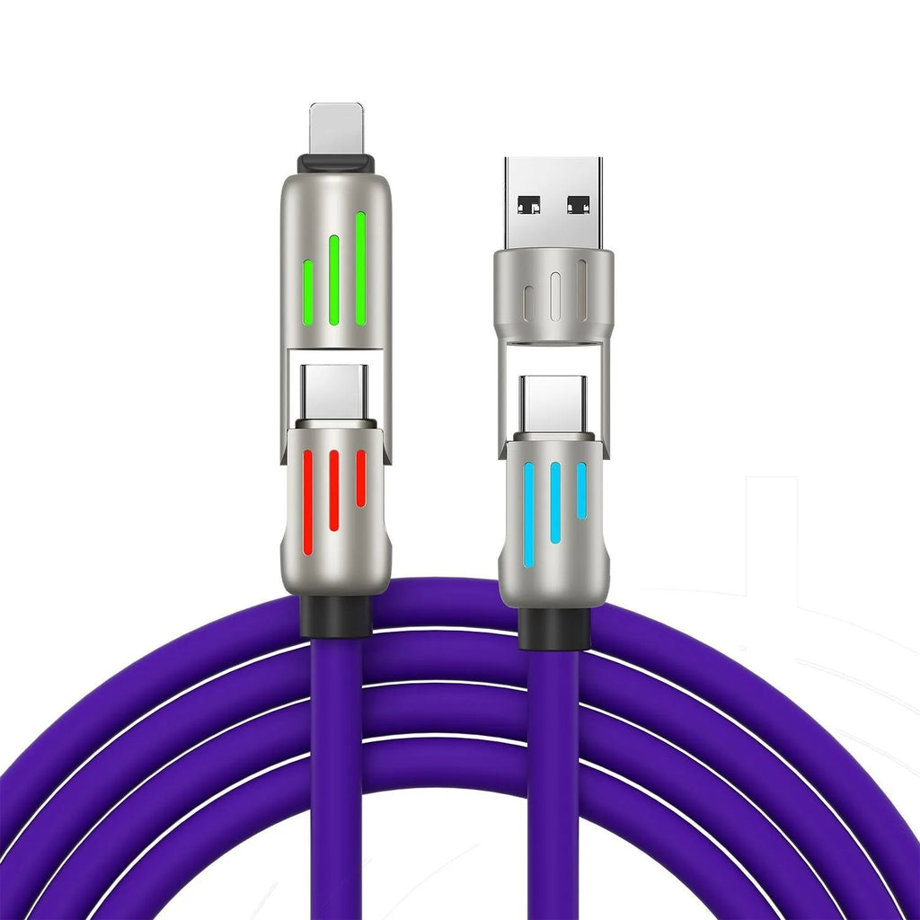 Car multifunction 240W four-in-one silicone data cable with Mini USB Lightning Micro USB TYPE-C connectors in purple