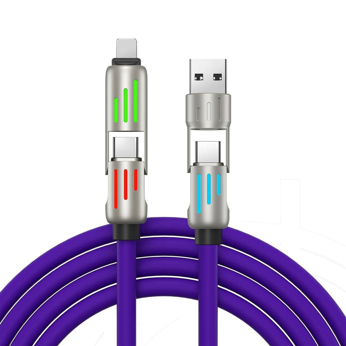 Car multifunction 240W four-in-one silicone data cable with Mini USB Lightning Micro USB TYPE-C connectors in purple
