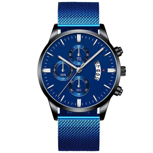 Men's stainless steel mesh band quartz watch with analog display and decorative sub-dial.