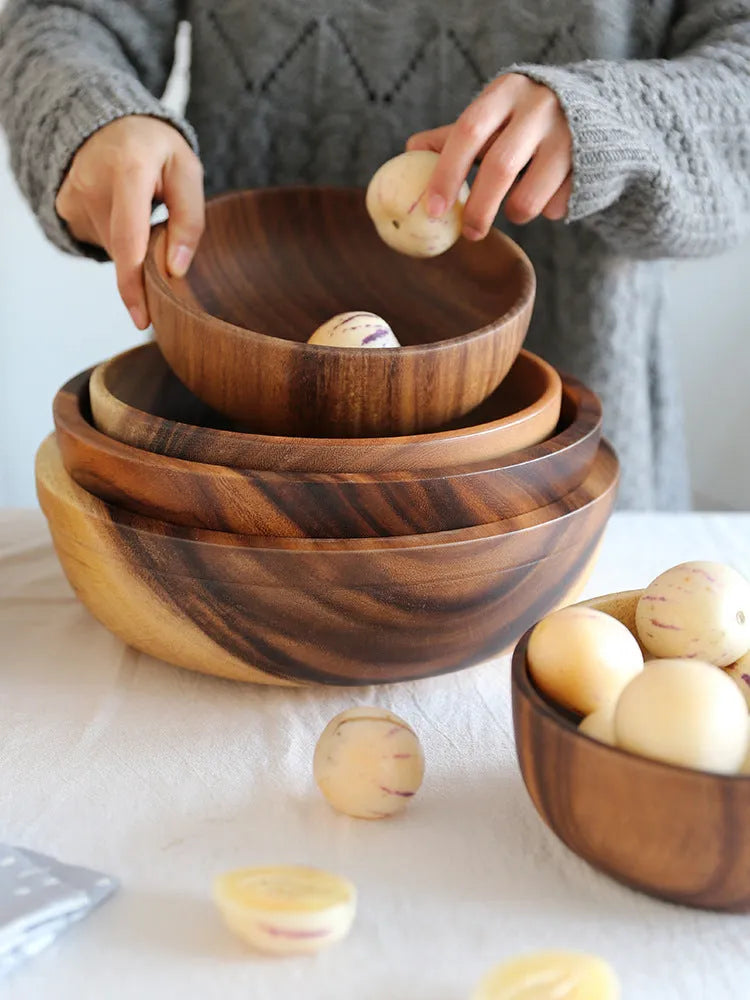 Brown handmade wooden bowl with natural wood grain and overglaze finish