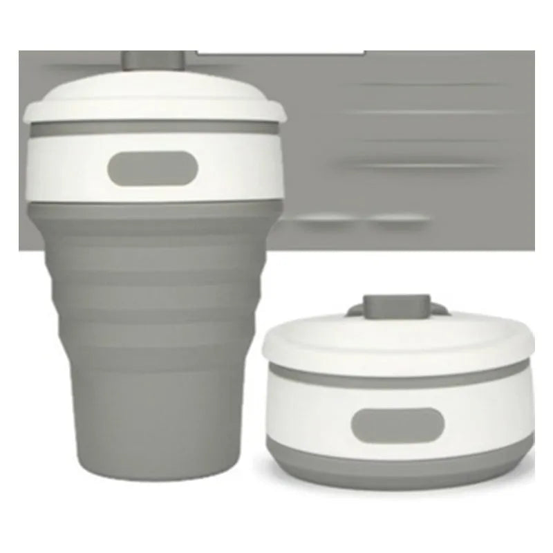 Collapsible silicone travel cup shown expanded and folded with leak-proof cover