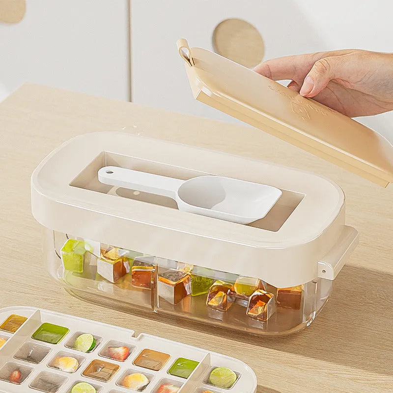 Food grade ice cube tray grid with leverage handle and blue color, showing shovel storage area and high capacity ice grid