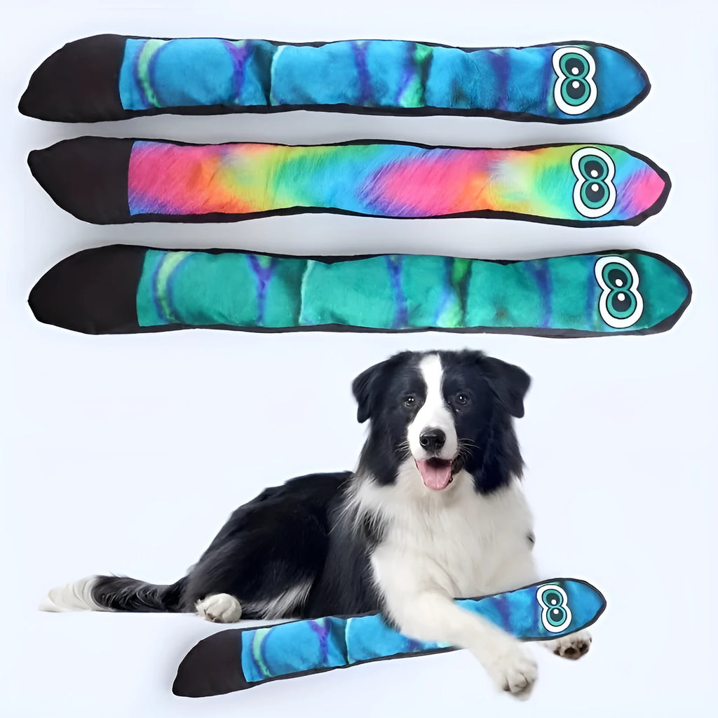 Snake-shaped plush dog squeaky toy with blue and green stripe prints