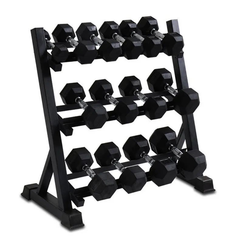 Three-layer black dumbbell rack with angled iron shelves and square tube frame