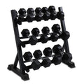 Three-layer black dumbbell rack with angled iron shelves and square tube frame
