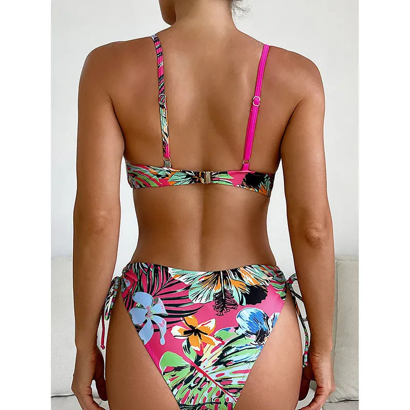 Women's polyester bikini set in leopard print and solid colours, sleeveless briefs style, sizes S to XL