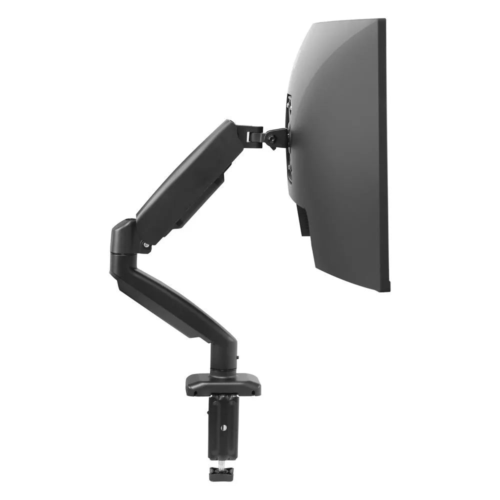 Black rotating telescopic LCD screen bracket mounted on desk edge showing adjustable arm and elevated rack design