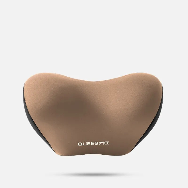 Black and grey memory foam lumbar support pillow and headrest on a car seat.