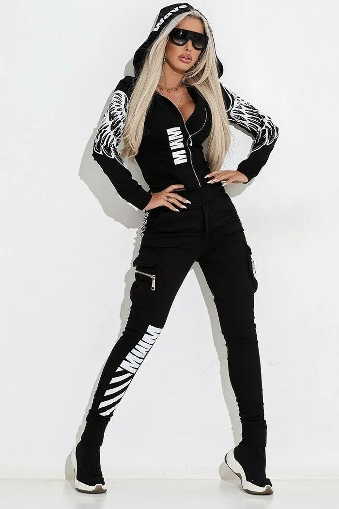 Black women's hooded casual suit with wings print pattern, featuring a zip top and matching trousers.