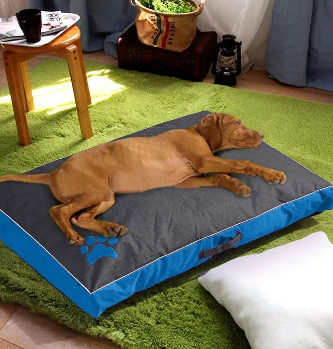 Waterproof Oxford cloth pet nest bed with removable washable cover, non-slip bottom, in red, blue or black.