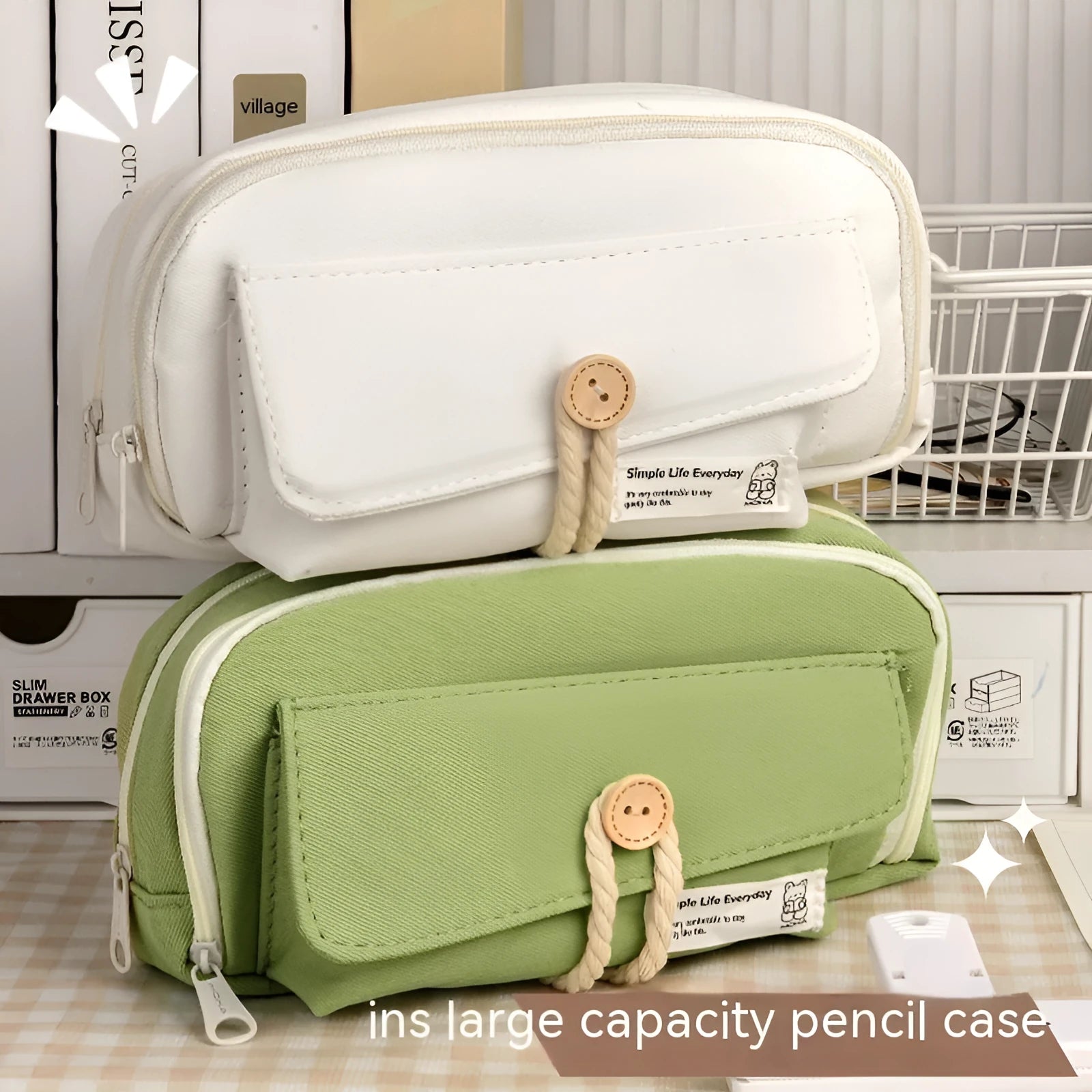 Korean style canvas pencil case in beige, blue, grey, and green colour options with large capacity for approximately 80 pens