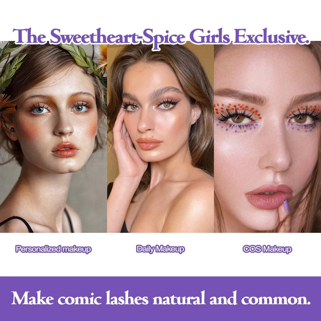Pack of manga style false eyelashes showing natural wispy designs on plastic black terriers for cosplay and Korean makeup.