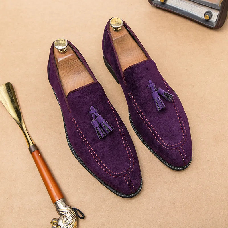 Men's suede matte fashion leather shoes in purple or blue with flat heel and plastic sole, sizes 38-48