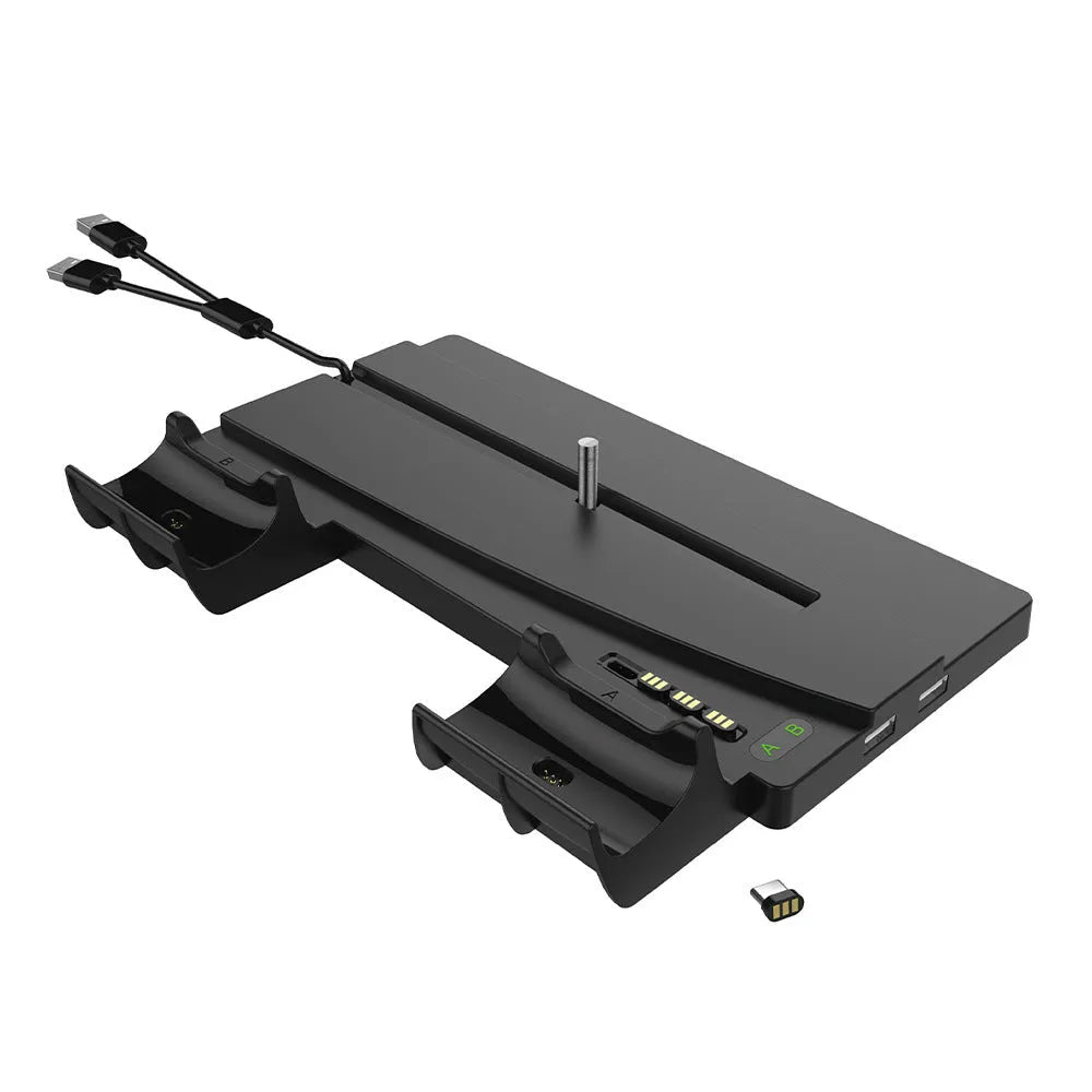 PS5 multi-function charger stand in black material with USB interface for console and controller