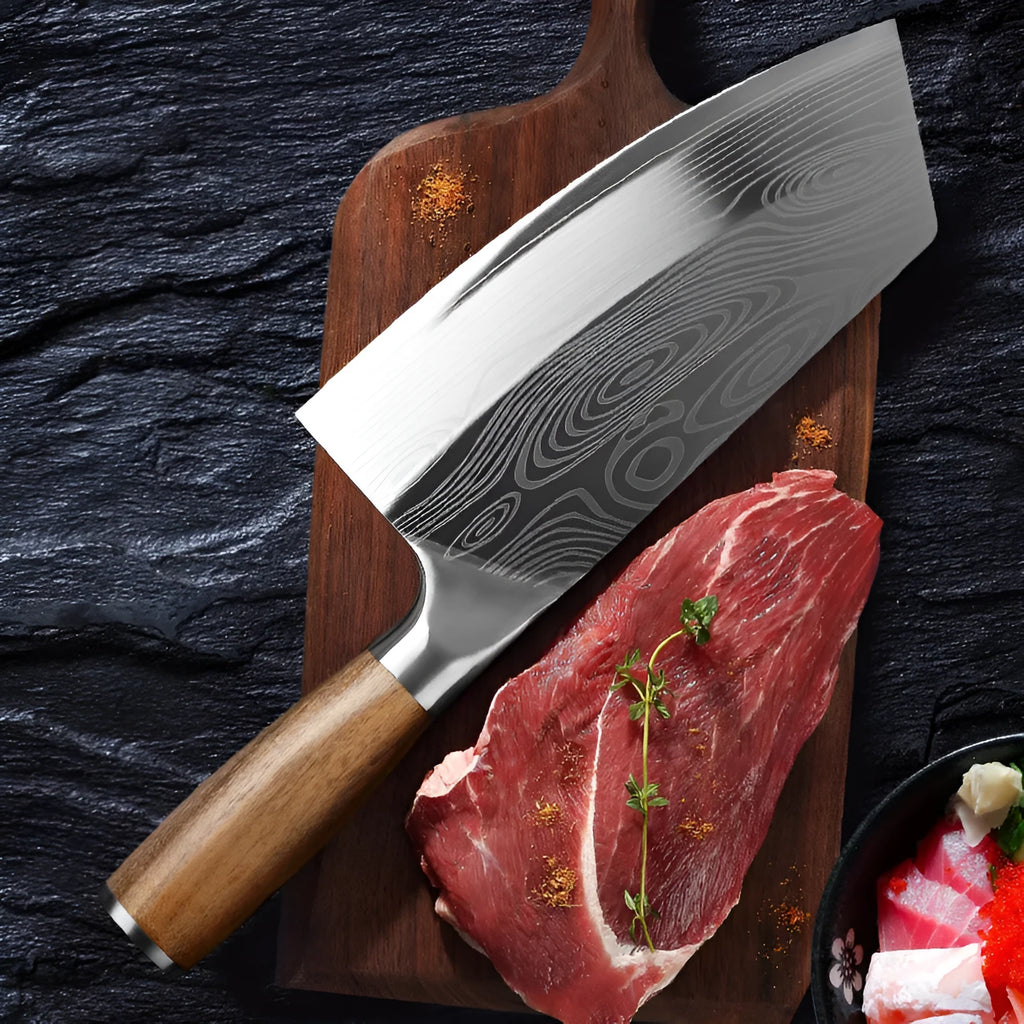 A 320mm long kitchen knife with a forged stainless steel blade, shown in the available colour.