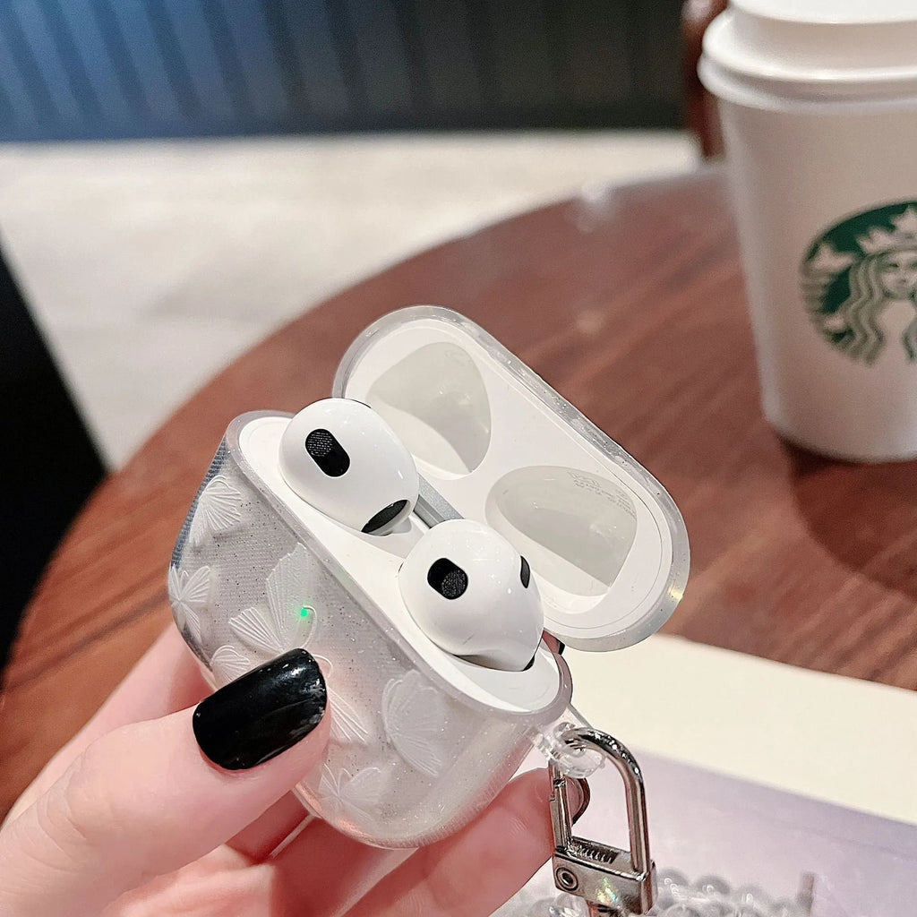 Glitter butterfly print TPU flip earphone cover for AirPods in white or transparent
