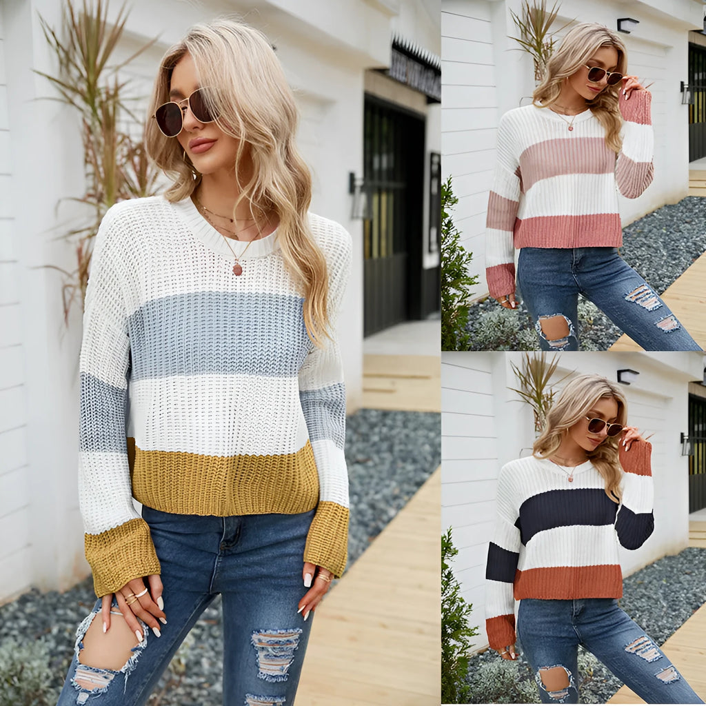 Women's striped pullover sweater in short 40cm length with loose casual fit