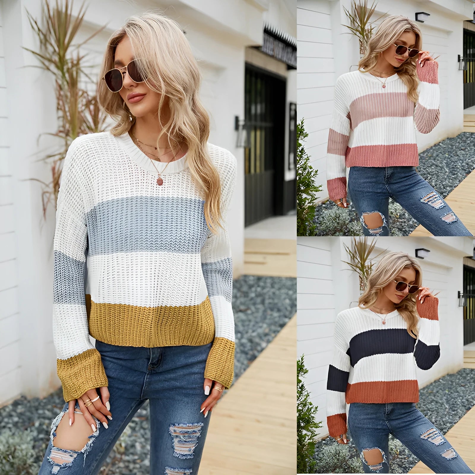 Women's striped pullover sweater in short 40cm length with loose casual fit