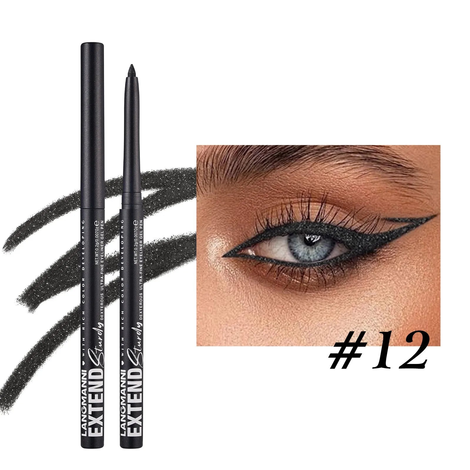 Set of 12 colourful gel glitter eyeliner pencils with vibrant shades on a white background