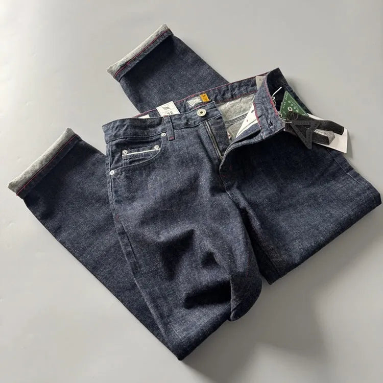Men's straight leg denim trousers in primary colour with mid waist and American retro styling