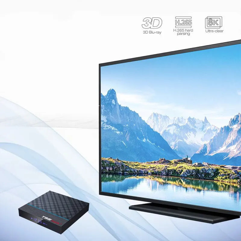 Black T95 Max Plus Android Smart TV Box with remote control on a wooden surface.
