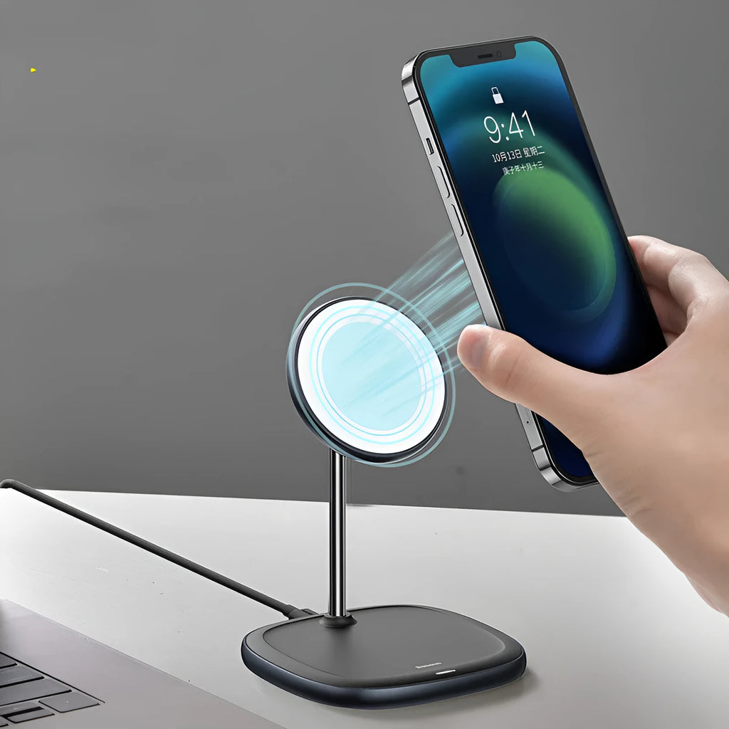 Swan magnetic desktop wireless charger stand for Apple iPhone 12 in black colour with Type-C cable
