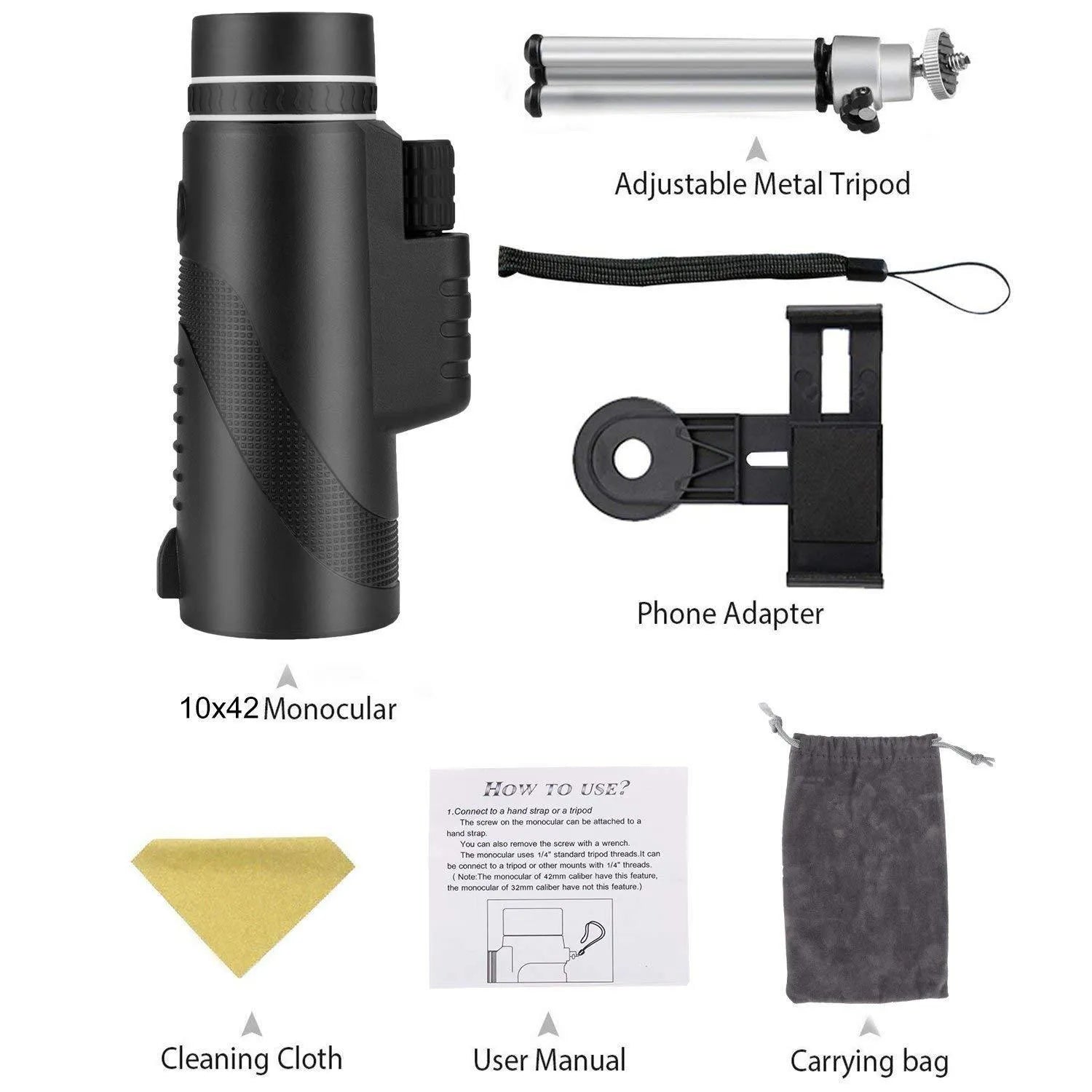 Black HD 40x60 monocular telescope for smartphones shown with lens details.